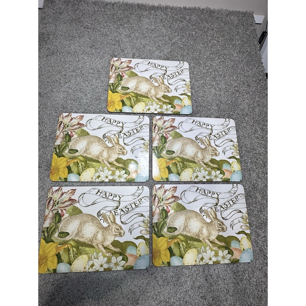 Williams Sonoma Happy Easter Bunny Cork Placemats Set‎ of 5 Floral Eggs Spring